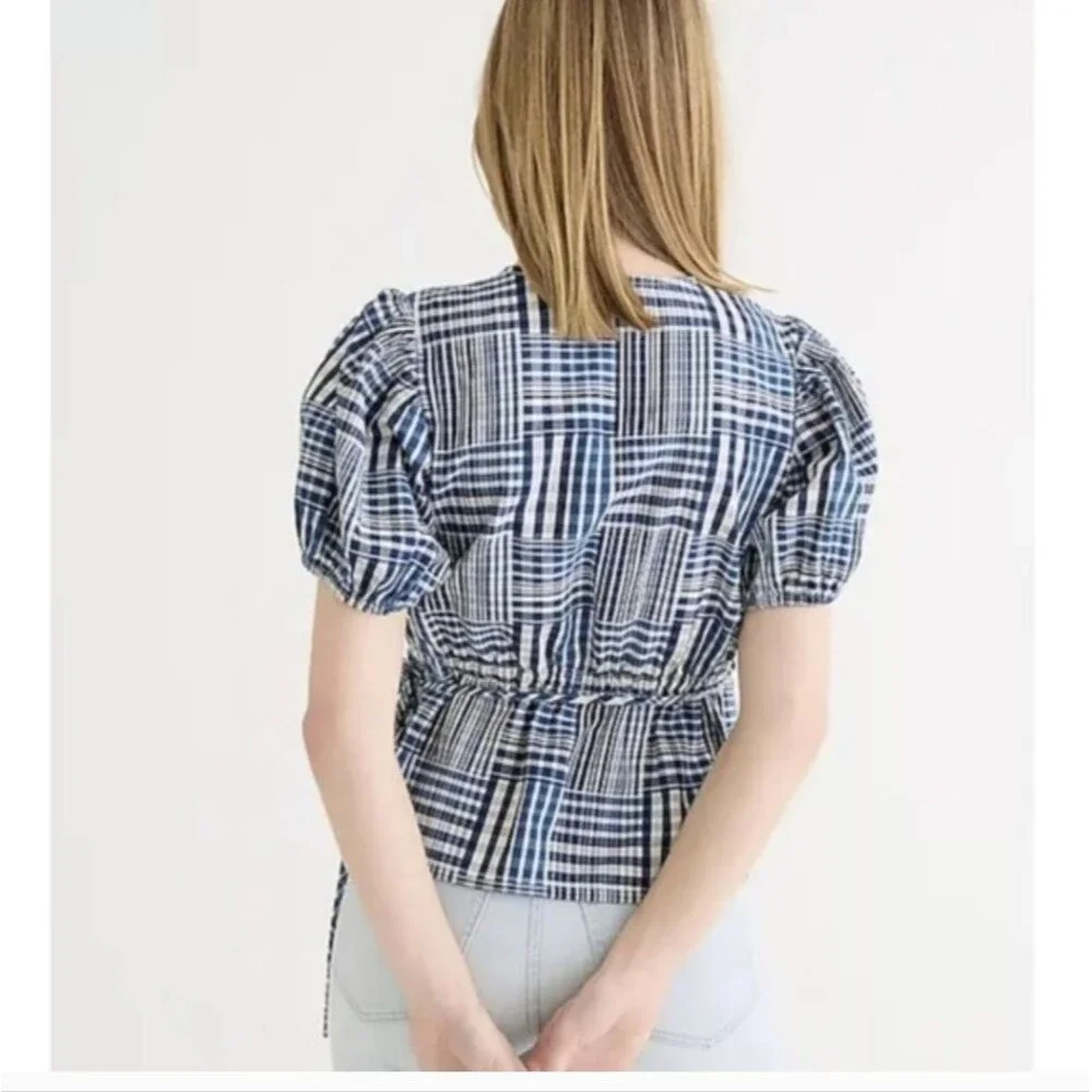 J. Crew Puff Sleeve Wrap Top Indigo Patchwork Size Medium